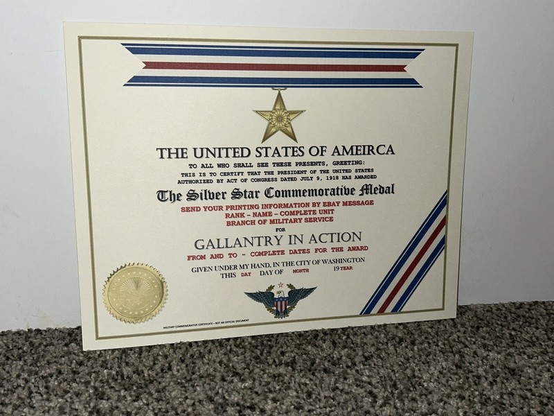 SILVER AWARD COMMEMORATIVE STAR MEDAL CERTIFICATE ~ CUSTOM PRINTING T-1 gallery