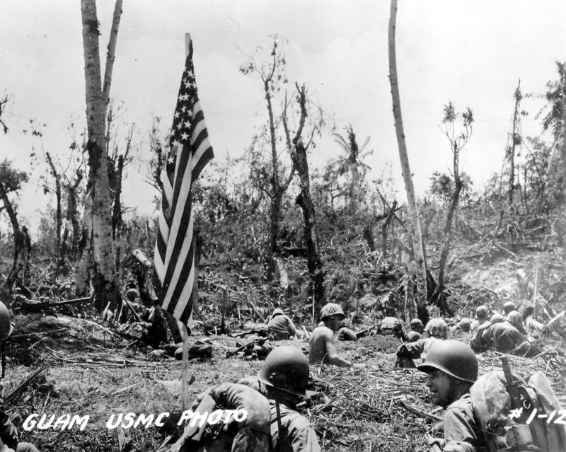 Marines and U.S. Flag on Guam July 1944 World War II WWII WW2 8×10 Photo 789c