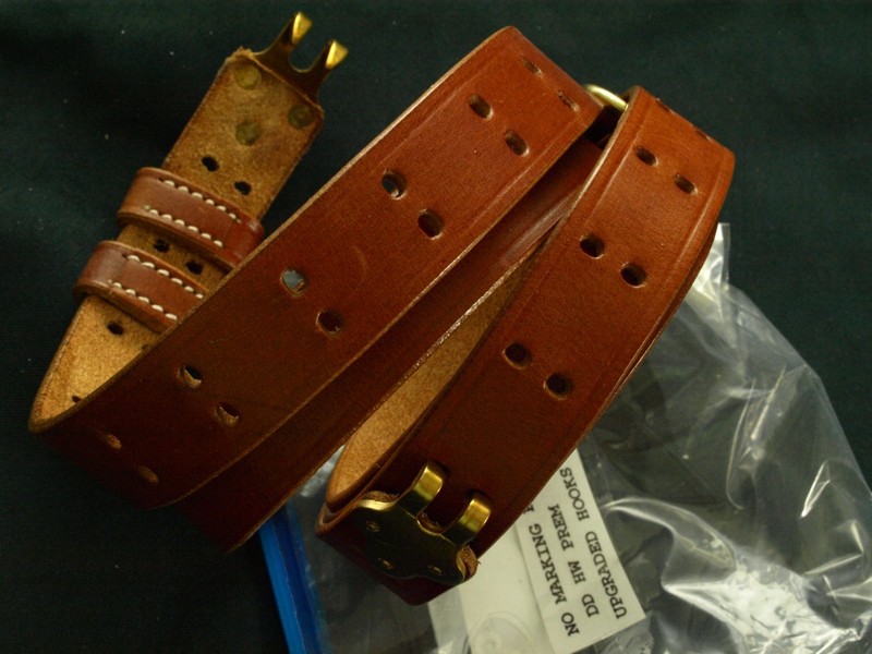 UNMARKED SUPER PREMIUM DRUM DYED M1907 LEATHER SLING WITH BRASS GI/CURVED HOOKS gallery