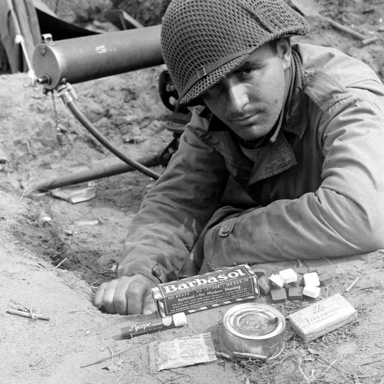 WW2 Photo WWII US Soldier Shows Hygiene Supplies K Rations World War Two/ 1547