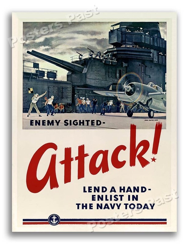 “Enemy Sighted – ATTACK!” 1943 Vintage Style World War 2 Poster – 18×24