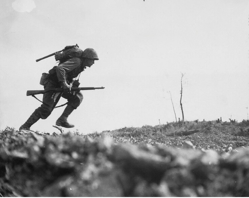 Marine running through Death Valley Okinawa 8″x 10″ World War II WW2 Photo