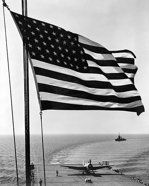 WWII AIRCRAFT ON CARRIER W/ AMERICAN FLAG 8×10 GLOSSY PHOTO PRINT