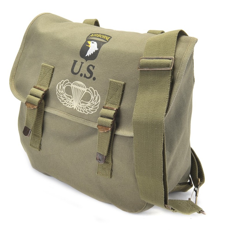 US WW2 101st Airborne Musette Bag with Shoulder strap OD marked JT&L 1944 gallery