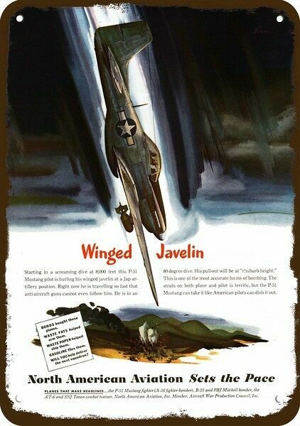 1945 WWII P-51 Mustang Fighter Airplane Vintg-Look DECORATIVE REPLICA METAL SIGN