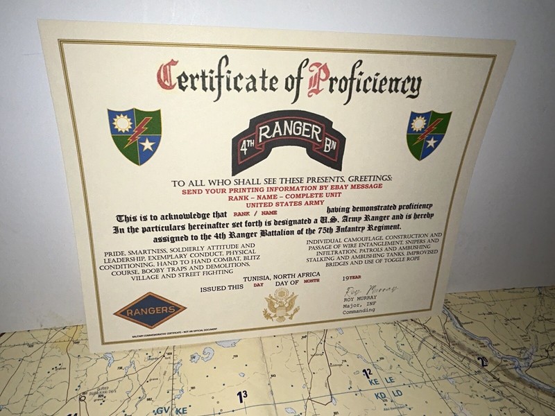 U.S. ARMY - 4TH RANGER BN / WWII - PROFICIENCY CERTIFICATE (TUNISIA, N.A.) gallery