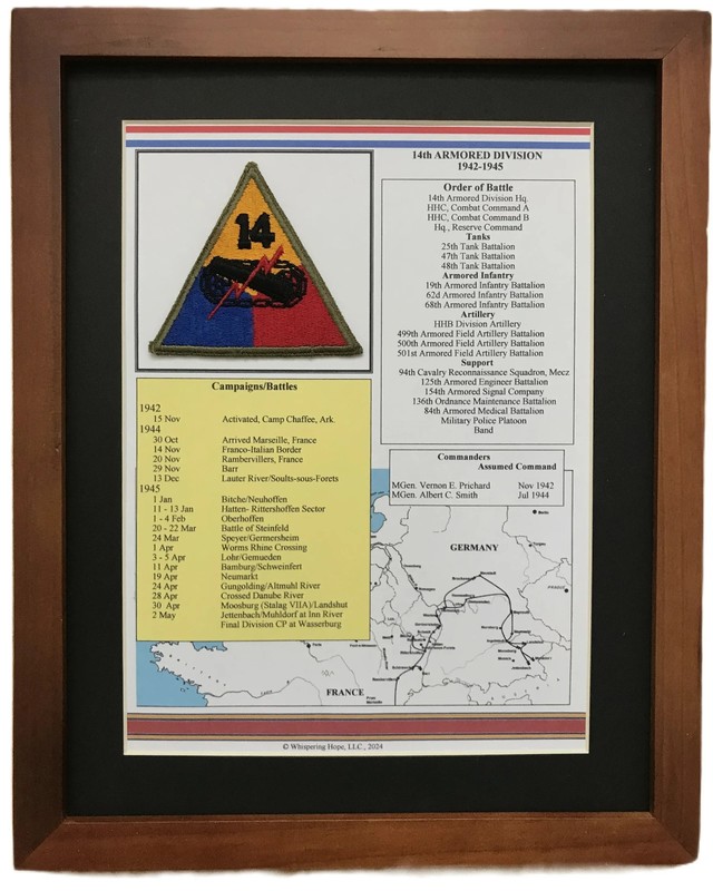 14th Armored Division Patch and History in World War II (11″ x 14″)