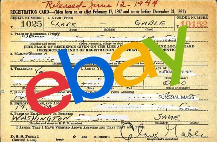 CLARK GABLE WW2 Draft Registration Card WORLD WAR II Gone With The Wind