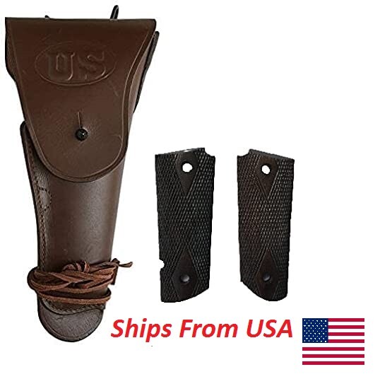 WW2 US Army .45 Hip M1911 Colt Dark Brown Holster with Ebony Wood Colt Grip