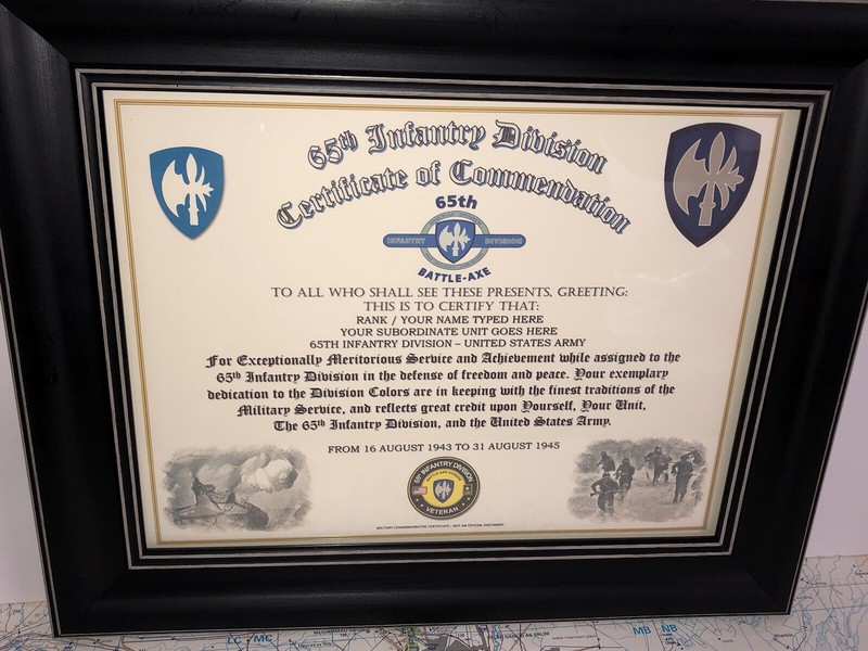 65TH INFANTRY DIVISION / COMMEMORATIVE – CERTIFICATE OF COMMENDATION