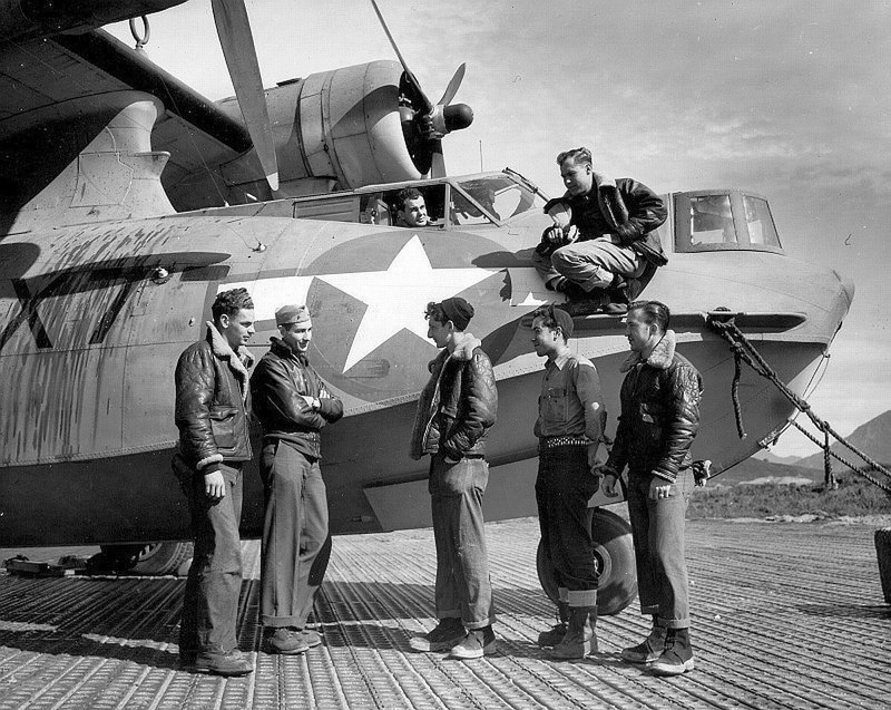 WWII B&W Photo US Navy PBY Crew with Catalina World War Two WW2 / 1289