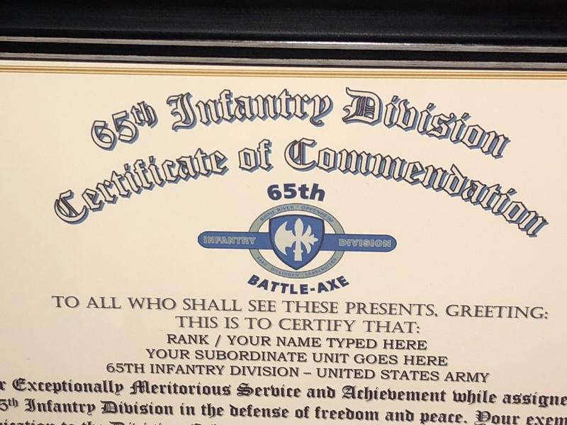 65TH INFANTRY DIVISION / COMMEMORATIVE - CERTIFICATE OF COMMENDATION gallery