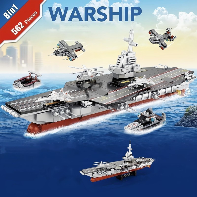 8 in 1 WW2 Aircraft Carrier Building Set, Military Cruiser Ocean Battleship T... gallery