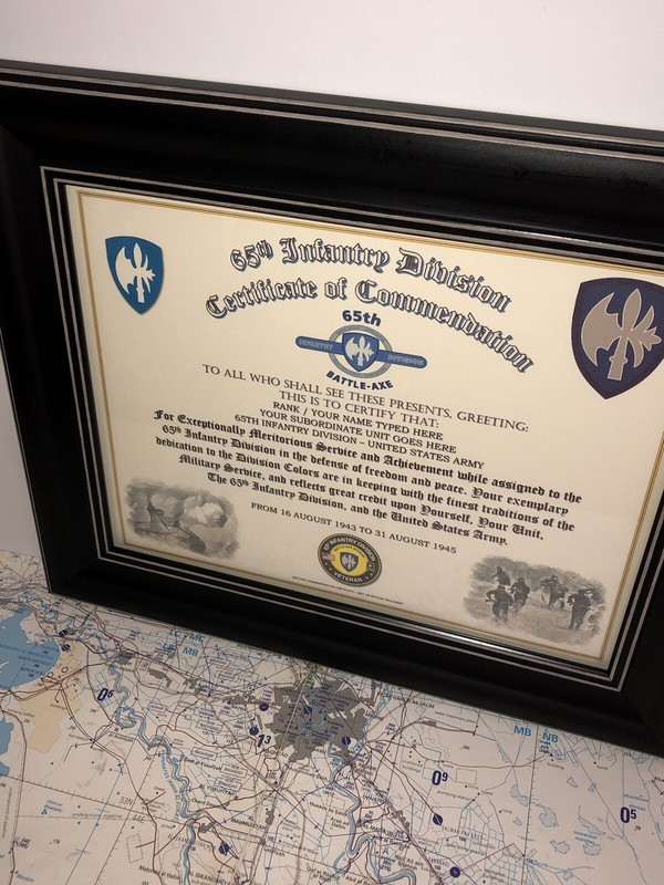 65TH INFANTRY DIVISION / COMMEMORATIVE - CERTIFICATE OF COMMENDATION gallery