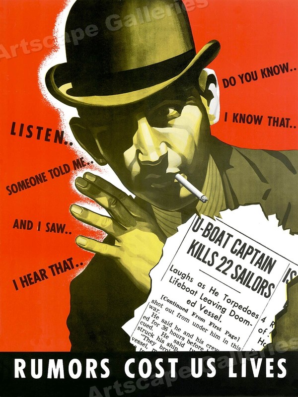 1940s Rumors Cost Lives! Vintage Style WWII Propaganda Poster - 18x24