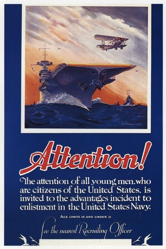 Attention! Navy Recruiting Carrier Biplane WWII Mini Poster 1991 Illustration