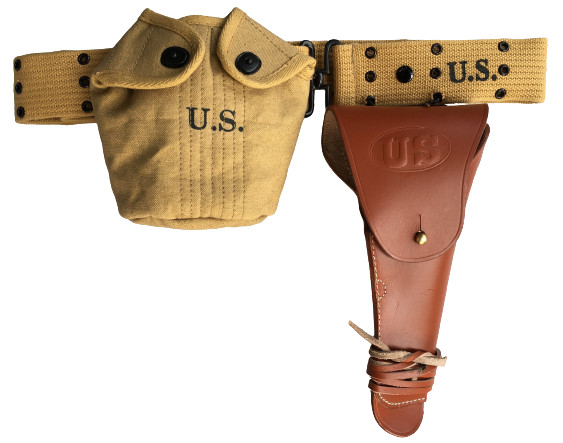 WWII M1936 Canvas Pistol Belt with M1911 Colt Holster and Canteen Bottle Set-TAN