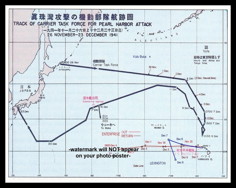 11x14 Pearl Harbor Attack Map PHOTO Poster Japanese Flotilla Battleship Routes