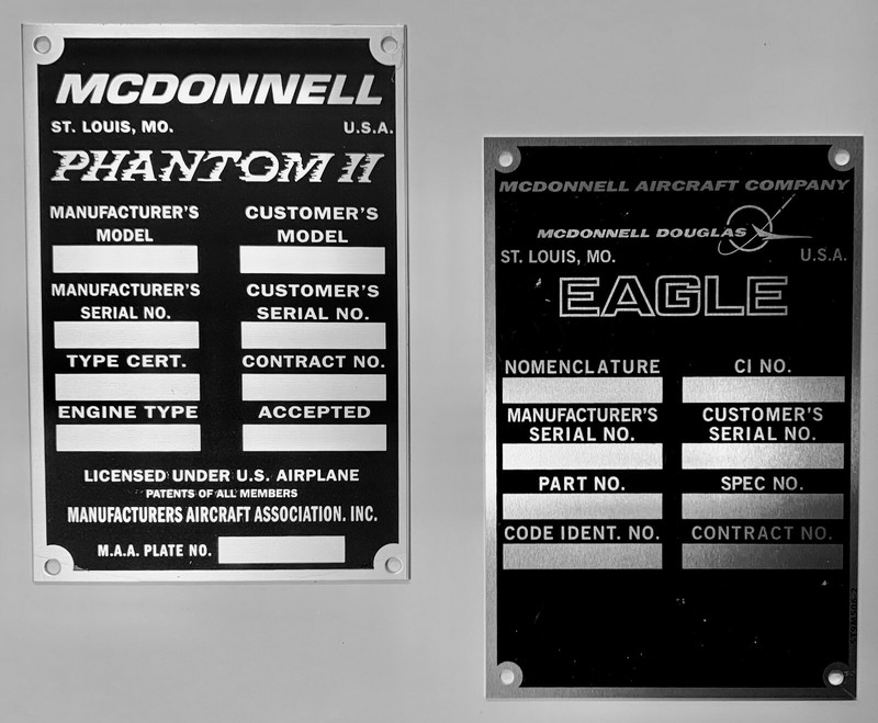 Two (2) Reproduction Data Plates from Iconic McDonnell Aircraft Co Jets GRP-0140