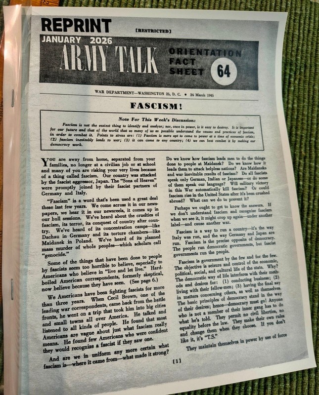 Army Talk #64 * March 24 1945 Orientation Fact Sheet * How to identify FASCISM ! gallery