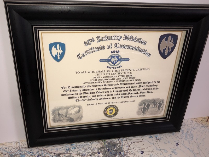 65TH INFANTRY DIVISION / COMMEMORATIVE - CERTIFICATE OF COMMENDATION gallery