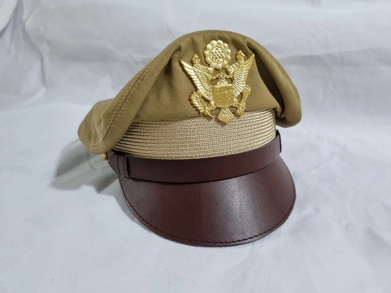 WW2 US Army Aircorps Military Airforce Officers Khaki Crusher Visor Hat Cap Repr gallery