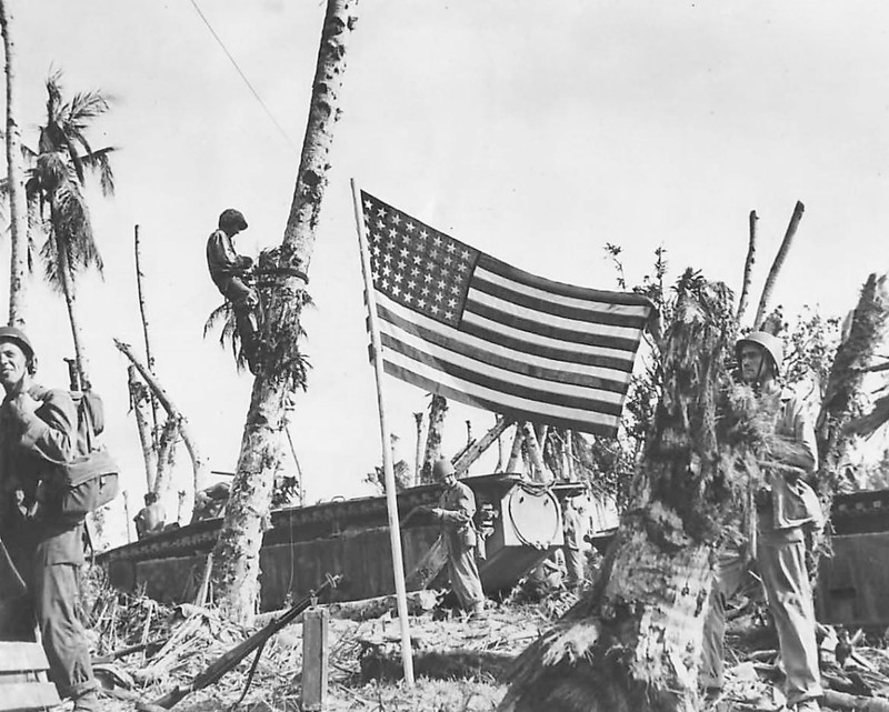 American Flag flies over Guam beachhead World War II WWII WW2 8×10 Photo 764c