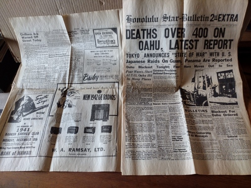 Honolulu Star-Bulletin 12/07/1941 Copy Pearl Harbour Tourist Center 3 Front Page gallery