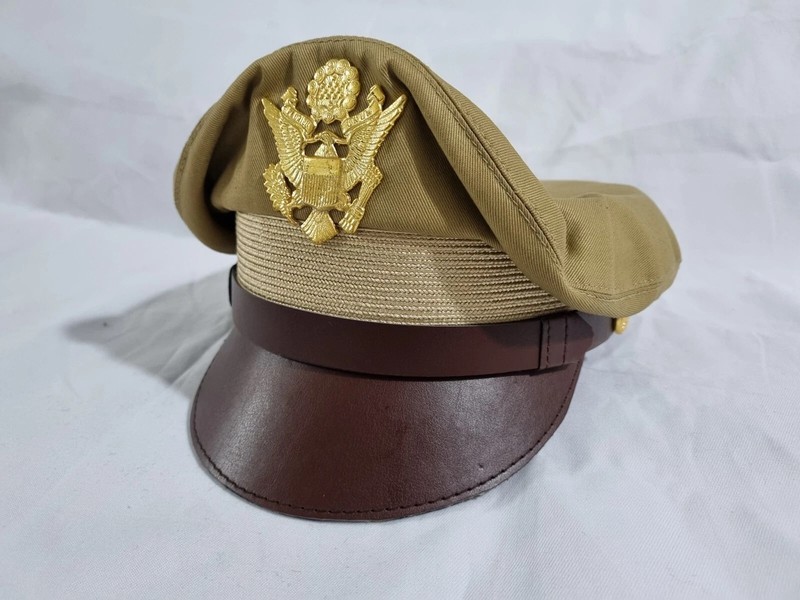 WW2 US Army Aircorps Military Airforce Officers Khaki Crusher Visor Hat Cap Repr gallery