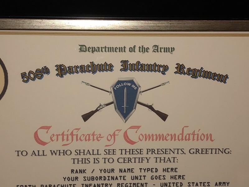 508TH PARACHUTE INFANTRY REGIMENT / COMMEMORATIVE - CERTIFICATE OF COMMENDATION gallery