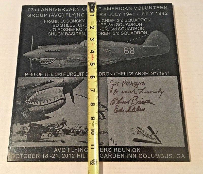Flying Tigers/AVG 72nd Anniv. Laser Etched Granite Plaque Signed by 3rd Squadron gallery