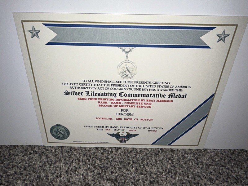 SILVER LIFESAVING MEDAL COMMEMORATIVE MEDAL CERTIFICATE ~ W/PRINTING T-1 gallery