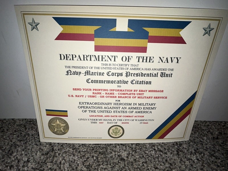 NAVY PRESIDENTIAL UNIT CITATION COMMEMORATIVE CERTIFICATE ~ TYPE-2 / W/PRINTING