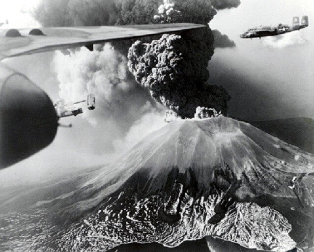 USAAF Bombers flying over Mount Vesuvius Italy, 1944, 8×10 WWII Photo 548a