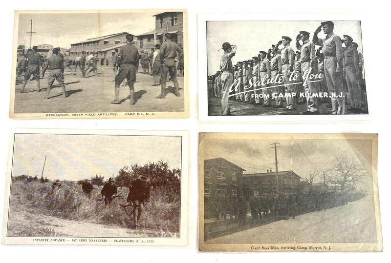 Lot of 4 Vintage American Postcards of Camps Kilmer Merritt Dix Army Maneuvers