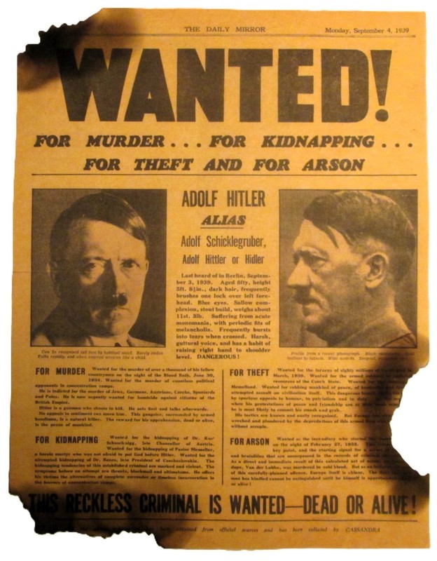 World War Two, WW2 Newspaper. Nazi ADOLF HITLER Wanted Poster, 1939, Wall Art gallery