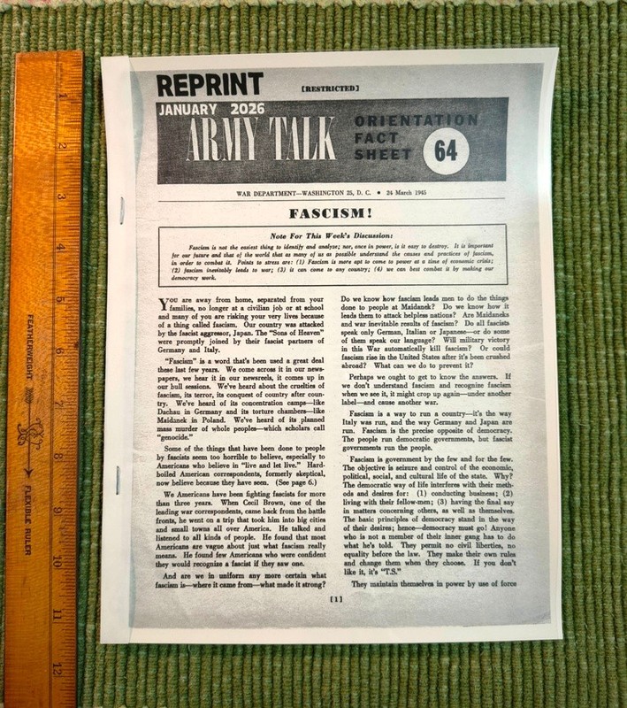 Army Talk #64 * March 24 1945 Orientation Fact Sheet * How to identify FASCISM !