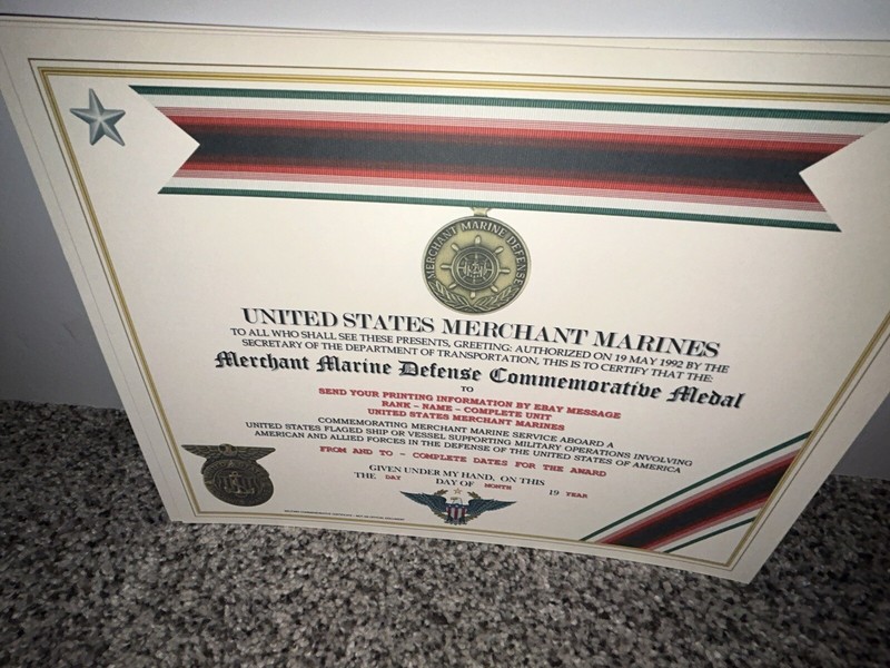 MERCHANT MARINE DEFENSE MEDAL COMMEMORATIVE CERTIFICATE ~ W/PRINTING TYPE-1 gallery