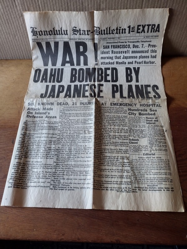 Honolulu Star-Bulletin 12/07/1941 Copy Pearl Harbour Tourist Center 3 Front Page