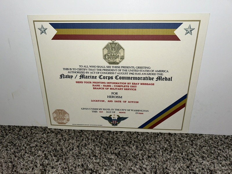 NAVY MARINE CORPS MEDAL COMMEMORATIVE MEDAL CERTIFICATE ~ W/PRINTING T-1 gallery