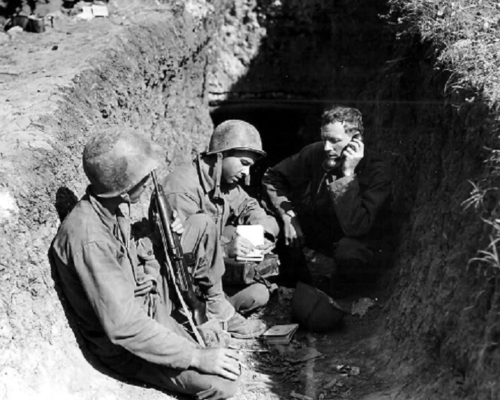 U.S. Soldiers in Dugout Call Station on Okinawa WWII 8×10 Photo 222a