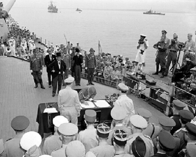 Japanese signing surrender aboard the USS Missouri WWII 8x10 Photo 209a