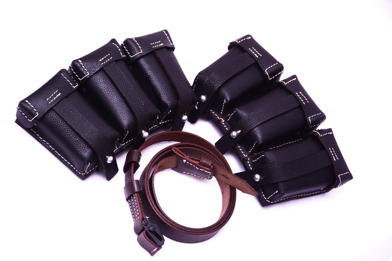 WWII German K98 98K TRIPLE AMMO LEATHER POUCH BLACK (Repro) -COMBO OF K98 SLING gallery
