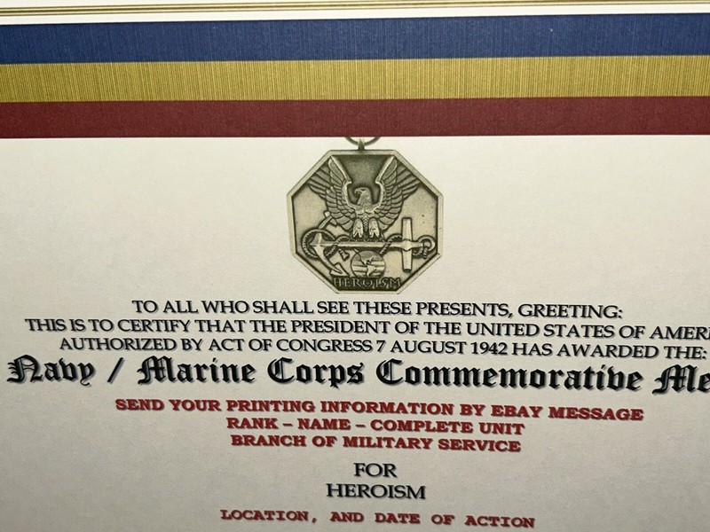 NAVY MARINE CORPS MEDAL COMMEMORATIVE MEDAL CERTIFICATE ~ W/PRINTING T-1 gallery