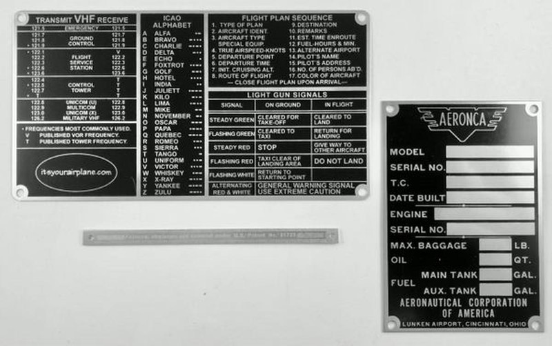 3-Piece Aeronca Data Plate/Placards Grouping GRP-0142