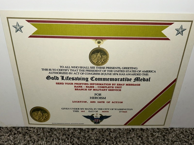GOLD LIFESAVING MEDAL COMMEMORATIVE MEDAL CERTIFICATE ~ W/PRINTING T-1