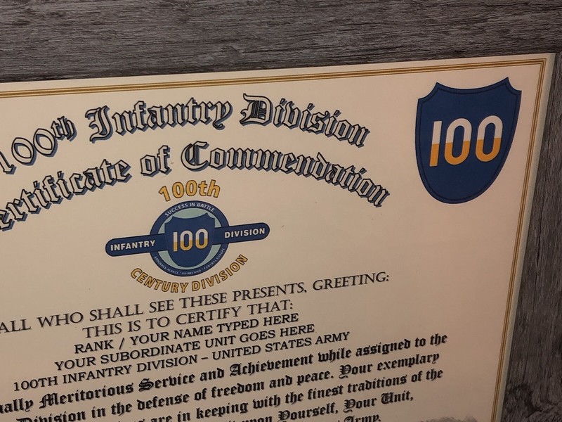 100TH INFANTRY DIVISION / COMMEMORATIVE - CERTIFICATE OF COMMENDATION gallery