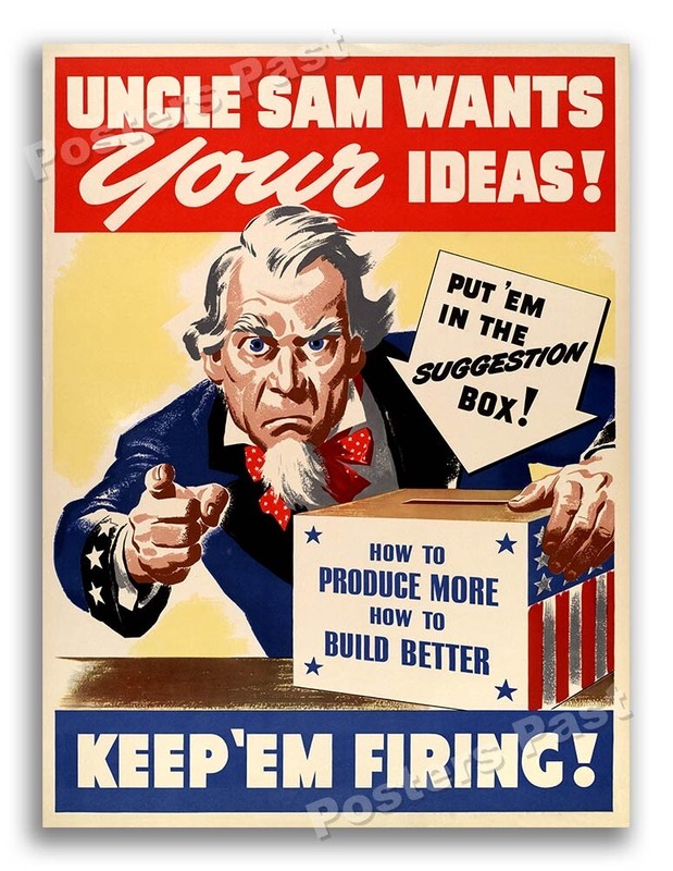 “Uncle Sam Wants Your Ideas!” 1943 Vintage Style World War 2 Poster - 18x24