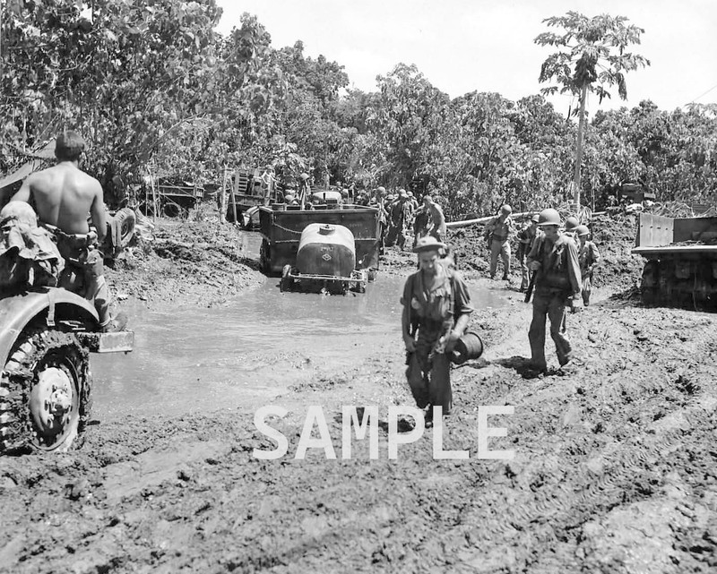 Soldiers and chained up trucks with trailer muddy road WWII WW2 8x10 Photo 85c