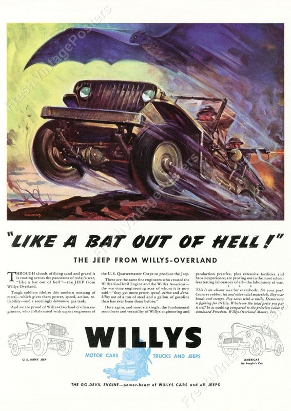 US Army Willys Jeep WWII Like A Bat Out Of Hell 1940s vtg ad NEW POSTER 18×24